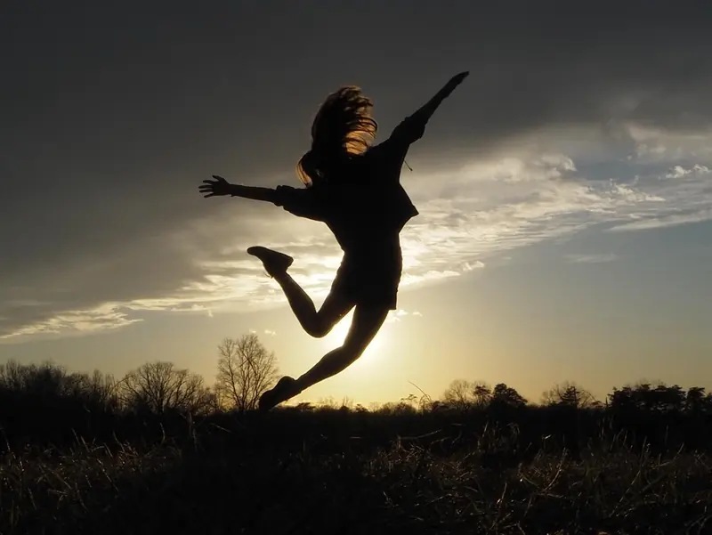 Silhouette of a dancer mid-leap against a dramatic evening sky