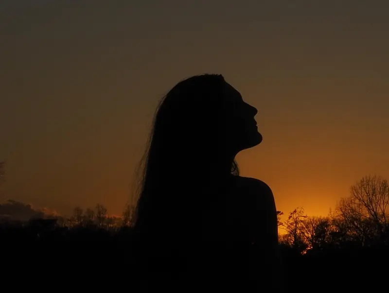 Profile silhouette of a girl against an orange sunset